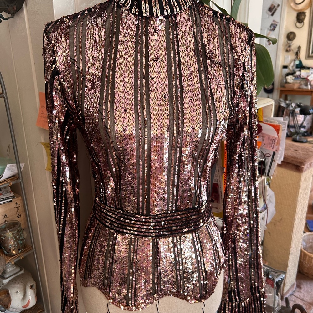 Derek Lam 10 Crosby sequin top: size 12. Salmon pink sequins on black mesh